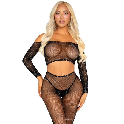 Close-up do Conjunto de Lingerie LEG AVENUE Top Crop e Legging de Rede com Strass, mostrando o design da rede e os detalhes dos strass.