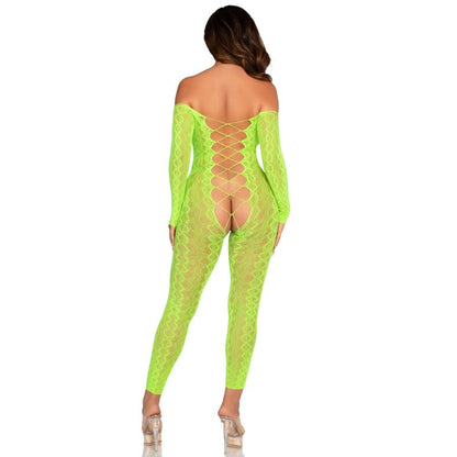 Close-up of the LEG AVENUE Bodystocking Sem Base Exótico Renda Cobra Verde Neon, showcasing its intricate lace pattern and vibrant color.