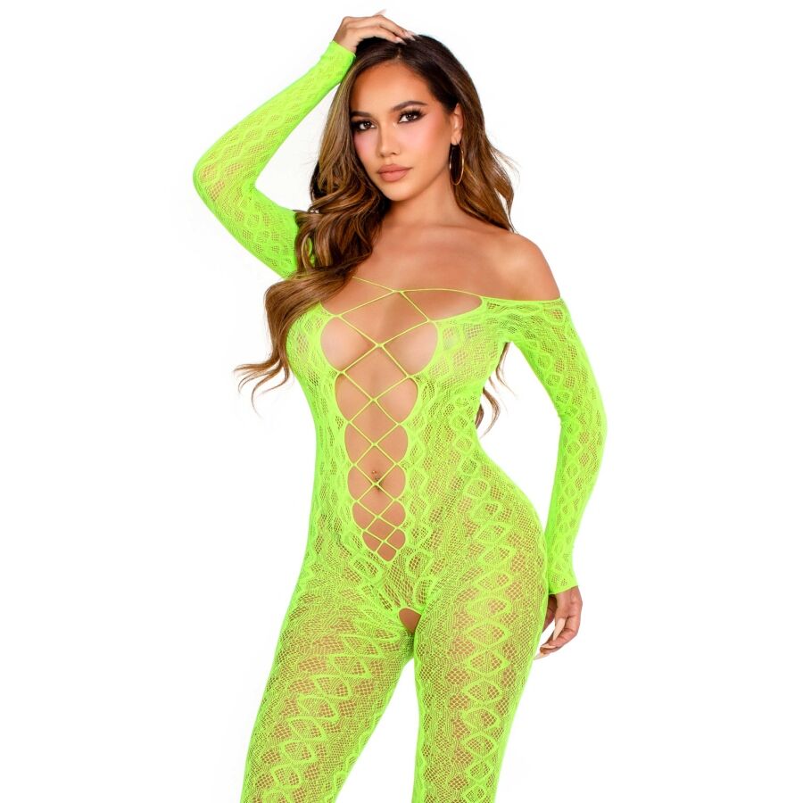 Close-up of the LEG AVENUE Bodystocking Sem Base Exótico Renda Cobra Verde Neon, showcasing its intricate lace pattern and vibrant color.