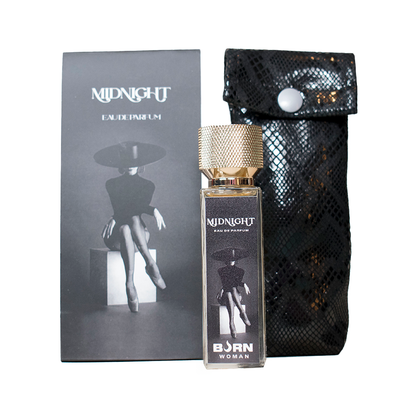 Close-up of the 'BURN Perfume Feminino Midnight 20 ML' bottle, showcasing its elegant design.