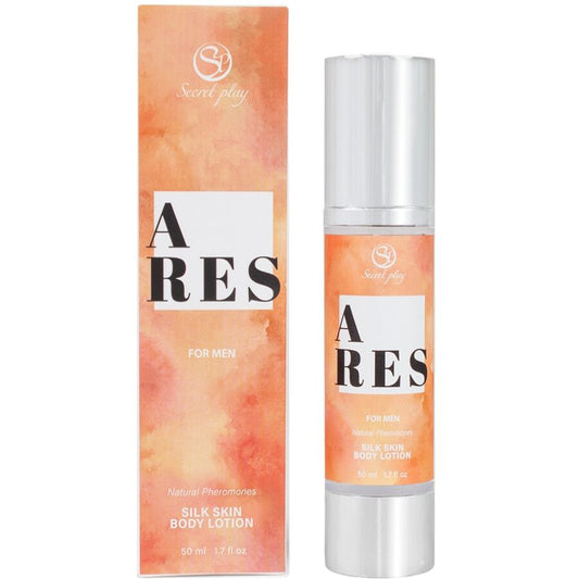 SECRETPLAY Loção Masculina Ares Silk Skin 50ml, detalhes do frasco e textura.