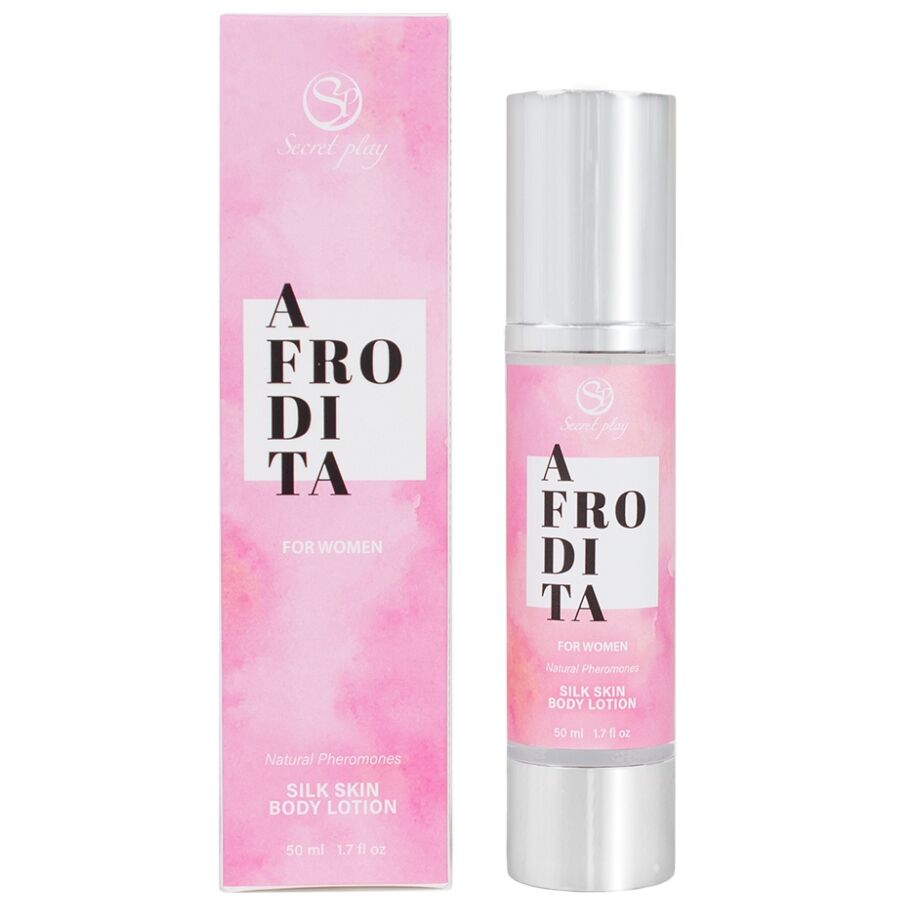 Frasco de SECRETPLAY Loção Corporal Couro de Seda com Atrativos Sexuais 50ml, com toque e aroma luxuosos.