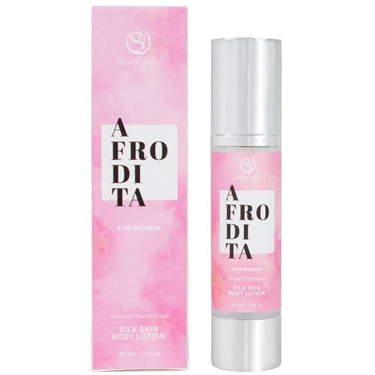 Frasco de SECRETPLAY Loção Corporal Couro de Seda com Atrativos Sexuais 50ml, com toque e aroma luxuosos.