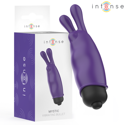 Close-up da Bala Vibratória Mini Mística Roxa INTENSE, mostrando o seu design compacto e silicone aveludado.