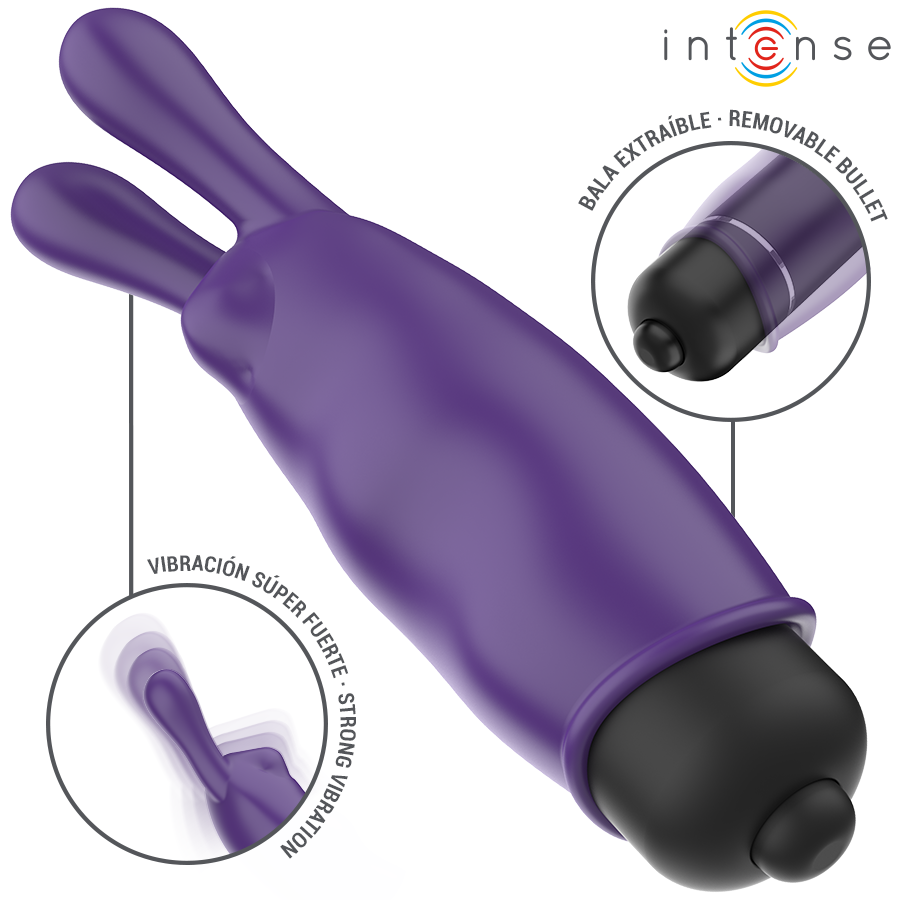 Close-up da Bala Vibratória Mini Mística Roxa INTENSE, mostrando o seu design compacto e silicone aveludado.