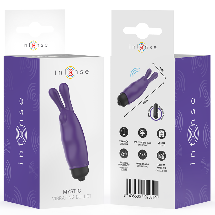 Close-up da Bala Vibratória Mini Mística Roxa INTENSE, mostrando o seu design compacto e silicone aveludado.