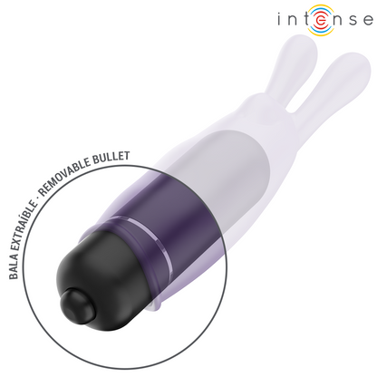 Close-up da Bala Vibratória Mini Mística Roxa INTENSE, mostrando o seu design compacto e silicone aveludado.