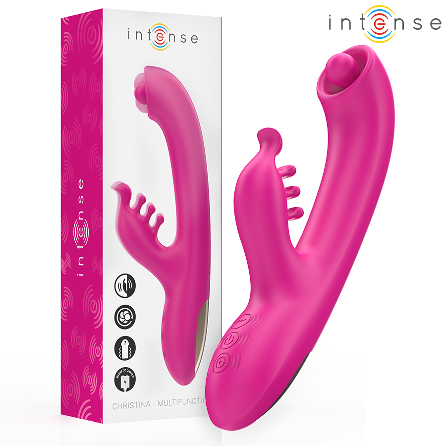 Close-up do Vibrador Rabbit Multifuncional INTENSE Christina 22,5cm, destacando seu design e funções de estimulação.