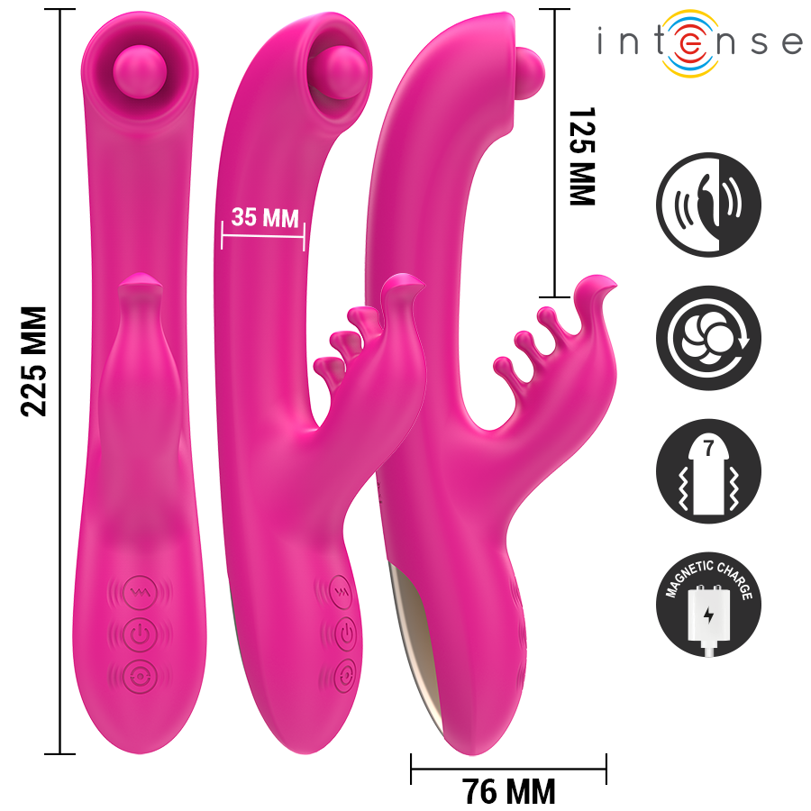Close-up do Vibrador Rabbit Multifuncional INTENSE Christina 22,5cm, destacando seu design e funções de estimulação.