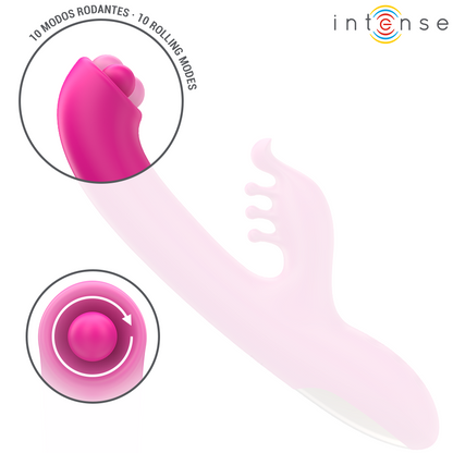 Close-up do Vibrador Rabbit Multifuncional INTENSE Christina 22,5cm, destacando seu design e funções de estimulação.