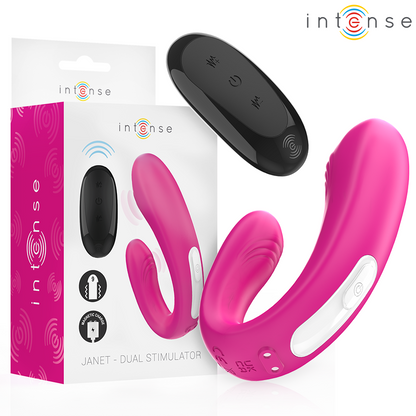 INTENSE Janet Dual Estimulador e Vibrador em U com Controle Remoto Rosa, destacando o design ergonômico e a cor vibrante.