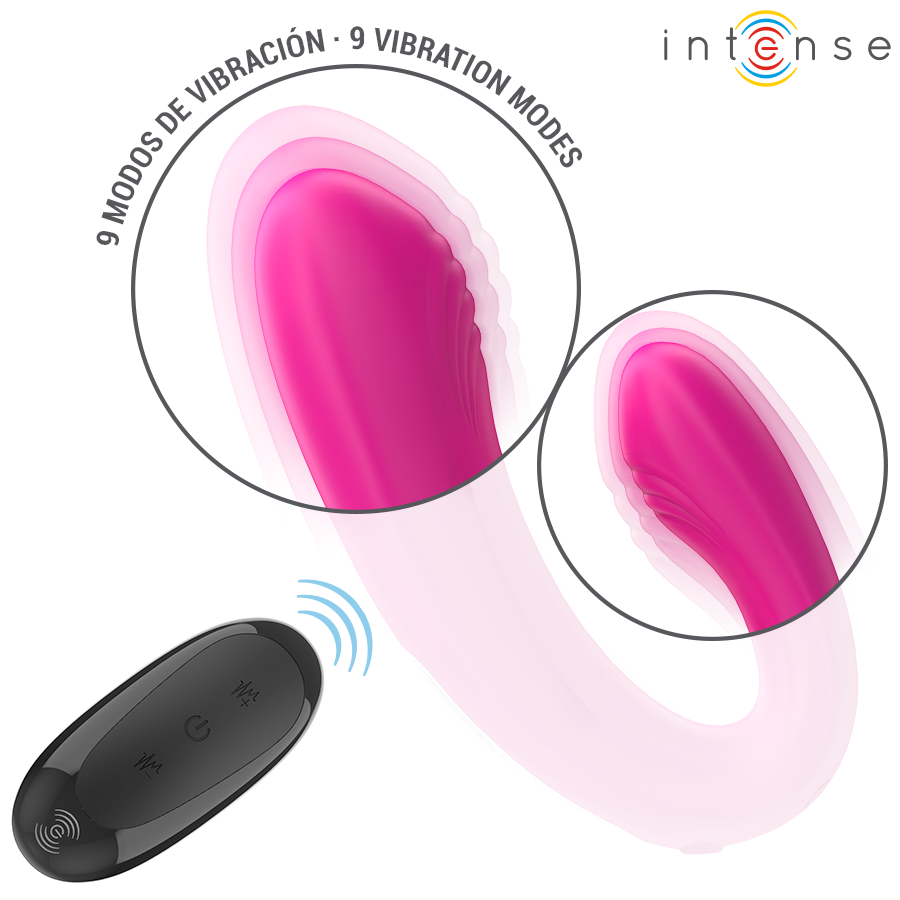 INTENSE Janet Dual Estimulador e Vibrador em U com Controle Remoto Rosa, destacando o design ergonômico e a cor vibrante.