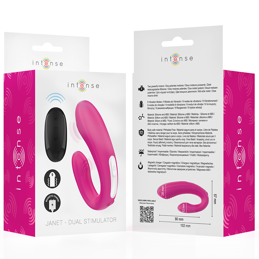 INTENSE Janet Dual Estimulador e Vibrador em U com Controle Remoto Rosa, destacando o design ergonômico e a cor vibrante.