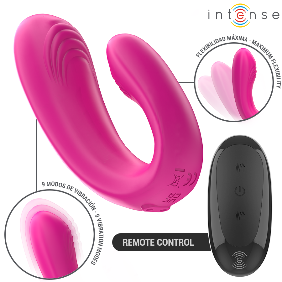 INTENSE Janet Dual Estimulador e Vibrador em U com Controle Remoto Rosa, destacando o design ergonômico e a cor vibrante.