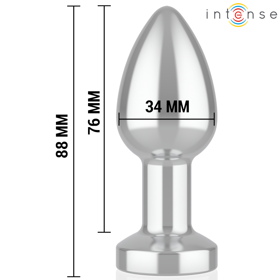Plug anal vibratório INTENSE M de metal com controle remoto, mostrando o design ergonómico e a superfície polida.