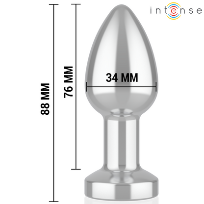 Plug anal vibratório INTENSE M de metal com controle remoto, mostrando o design ergonómico e a superfície polida.