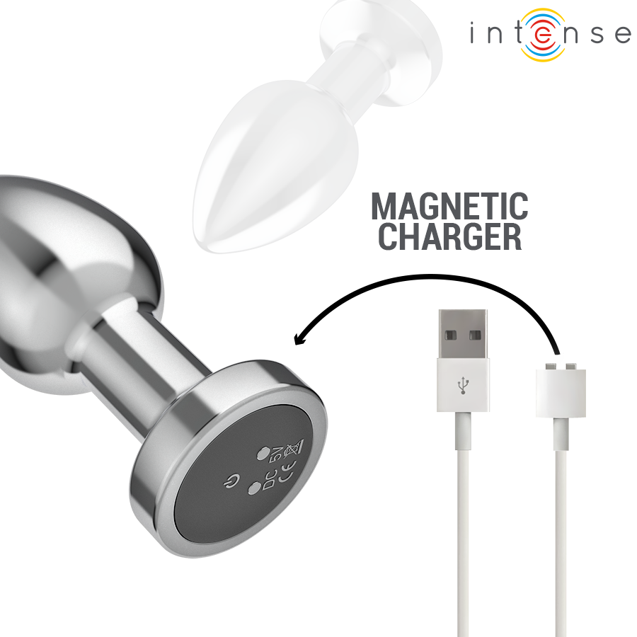 Plug anal vibratório INTENSE M de metal com controle remoto, mostrando o design ergonómico e a superfície polida.