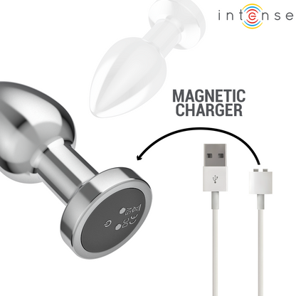 Plug anal vibratório INTENSE M de metal com controle remoto, mostrando o design ergonómico e a superfície polida.