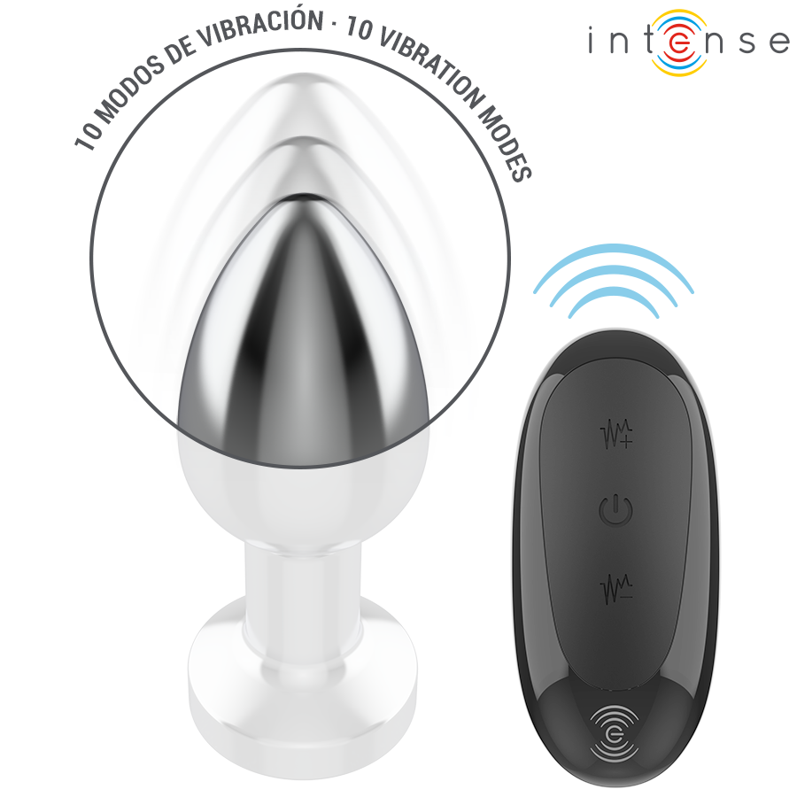 Plug anal vibratório INTENSE M de metal com controle remoto, mostrando o design ergonómico e a superfície polida.