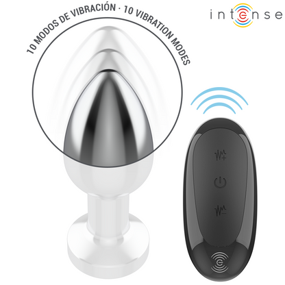 Plug anal vibratório INTENSE M de metal com controle remoto, mostrando o design ergonómico e a superfície polida.
