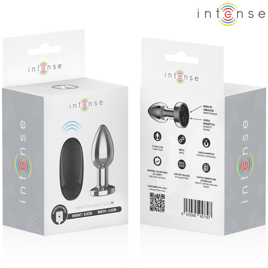 Plug anal vibratório INTENSE M de metal com controle remoto, mostrando o design ergonómico e a superfície polida.
