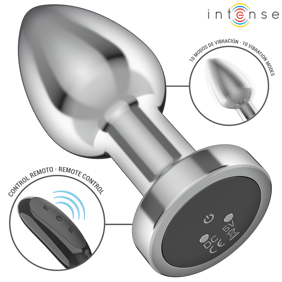 Plug anal vibratório INTENSE M de metal com controle remoto, mostrando o design ergonómico e a superfície polida.
