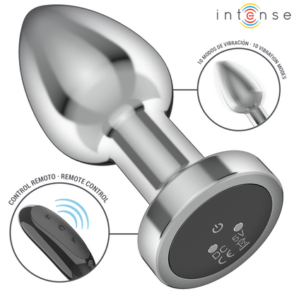 Plug anal vibratório INTENSE M de metal com controle remoto, mostrando o design ergonómico e a superfície polida.