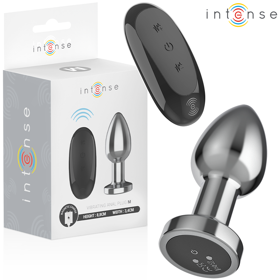 Plug anal vibratório INTENSE M de metal com controle remoto, mostrando o design ergonómico e a superfície polida.