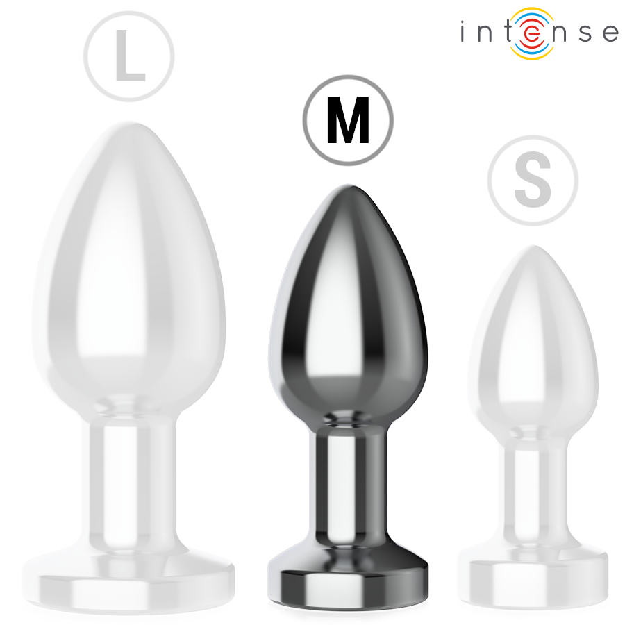 Plug anal vibratório INTENSE M de metal com controle remoto, mostrando o design ergonómico e a superfície polida.