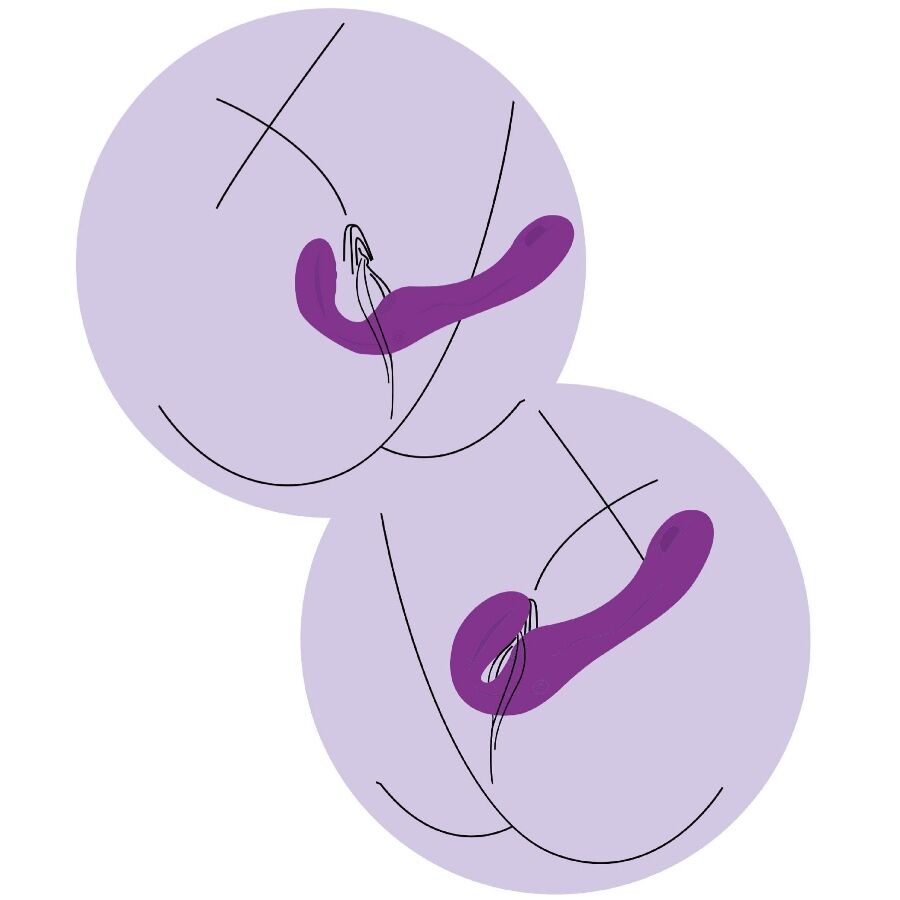 Vibrador Strap-On XOCOON 2 em 1 Sem Alças com Controle Remoto Roxo em diferentes ângulos e detalhes.
