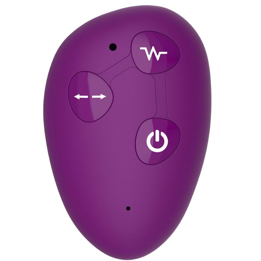 Vibrador Strap-On XOCOON 2 em 1 Sem Alças com Controle Remoto Roxo em diferentes ângulos e detalhes.