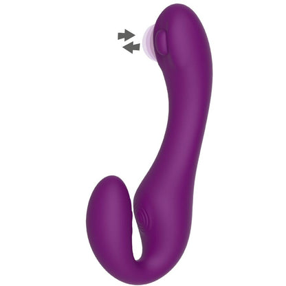 Vibrador Strap-On XOCOON 2 em 1 Sem Alças com Controle Remoto Roxo em diferentes ângulos e detalhes.