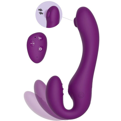 Vibrador Strap-On XOCOON 2 em 1 Sem Alças com Controle Remoto Roxo em diferentes ângulos e detalhes.