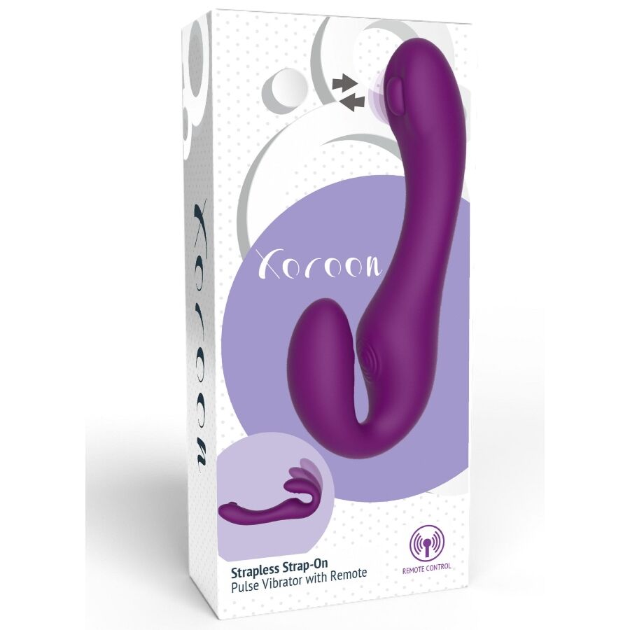 Vibrador Strap-On XOCOON 2 em 1 Sem Alças com Controle Remoto Roxo em diferentes ângulos e detalhes.