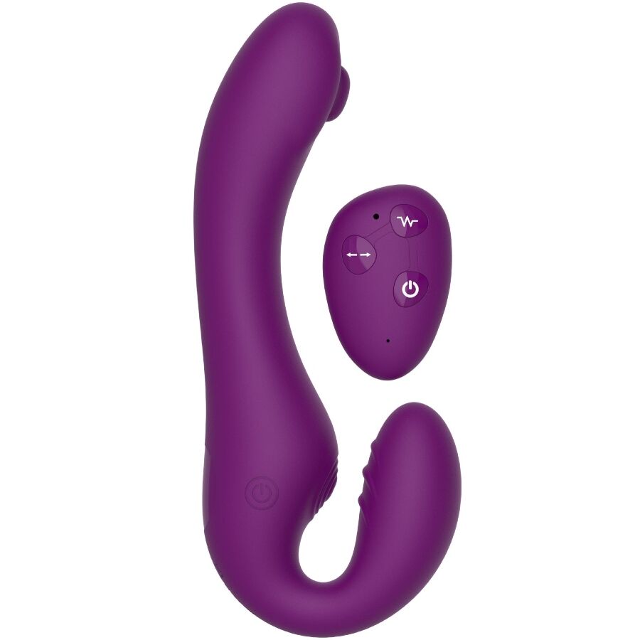 Vibrador Strap-On XOCOON 2 em 1 Sem Alças com Controle Remoto Roxo em diferentes ângulos e detalhes.