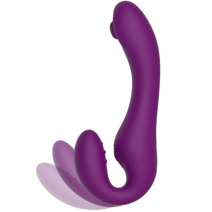 Vibrador Strap-On XOCOON 2 em 1 Sem Alças com Controle Remoto Roxo em diferentes ângulos e detalhes.