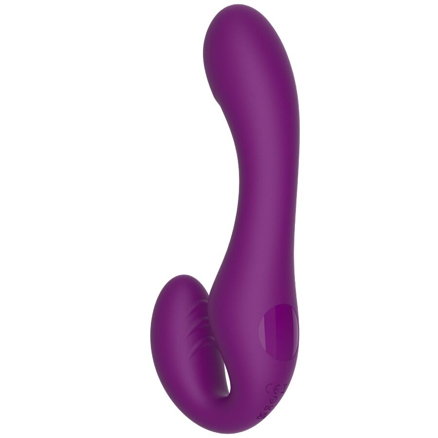 Vibrador Strap-On XOCOON 2 em 1 Sem Alças com Controle Remoto Roxo em diferentes ângulos e detalhes.