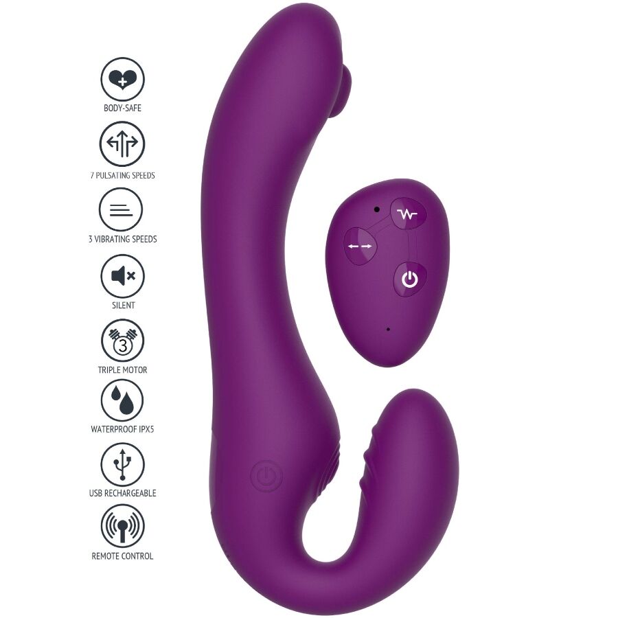 Vibrador Strap-On XOCOON 2 em 1 Sem Alças com Controle Remoto Roxo em diferentes ângulos e detalhes.