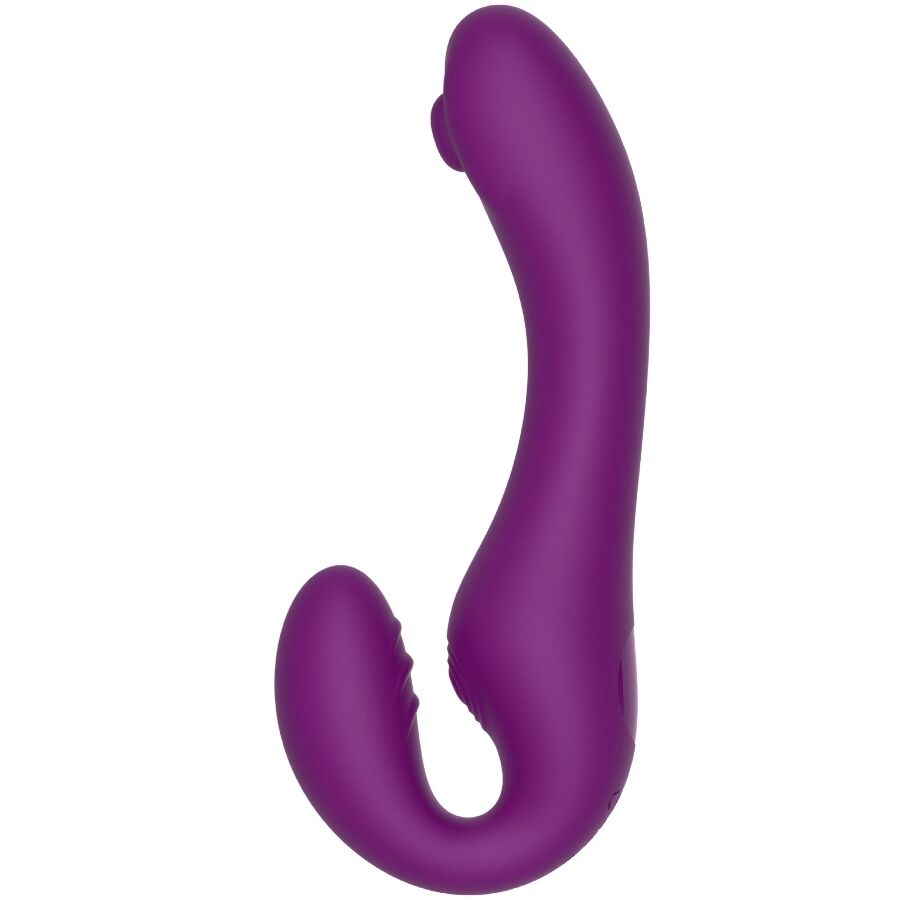Vibrador Strap-On XOCOON 2 em 1 Sem Alças com Controle Remoto Roxo em diferentes ângulos e detalhes.