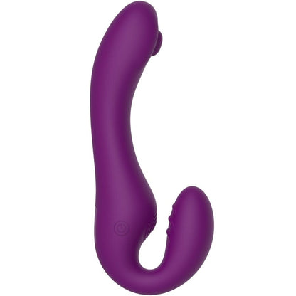 Vibrador Strap-On XOCOON 2 em 1 Sem Alças com Controle Remoto Roxo em diferentes ângulos e detalhes.