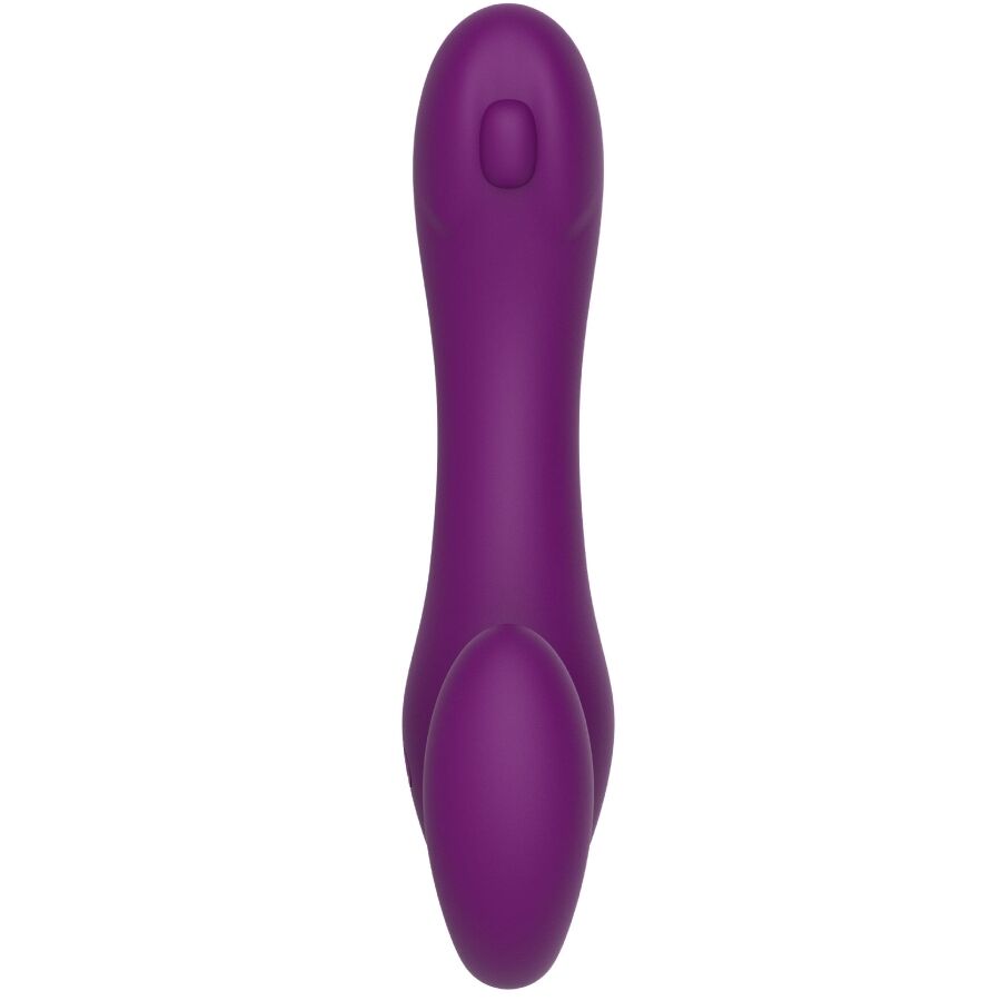 Vibrador Strap-On XOCOON 2 em 1 Sem Alças com Controle Remoto Roxo em diferentes ângulos e detalhes.