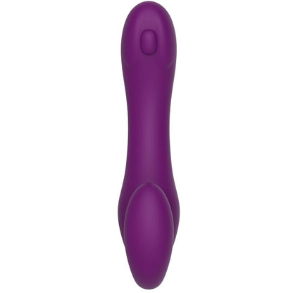Vibrador Strap-On XOCOON 2 em 1 Sem Alças com Controle Remoto Roxo em diferentes ângulos e detalhes.