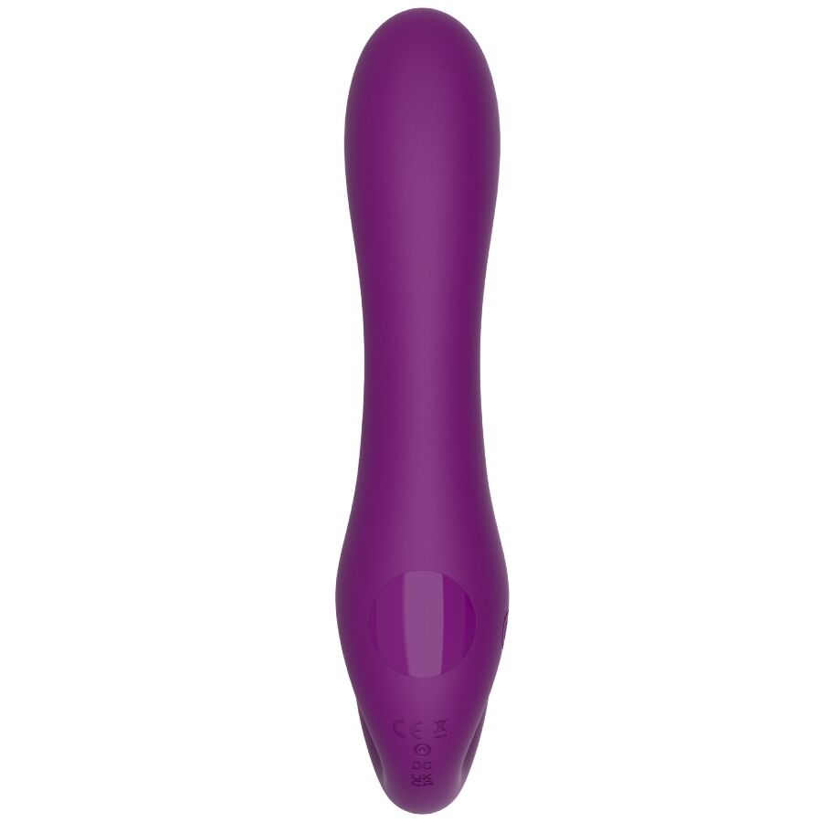 Vibrador Strap-On XOCOON 2 em 1 Sem Alças com Controle Remoto Roxo em diferentes ângulos e detalhes.