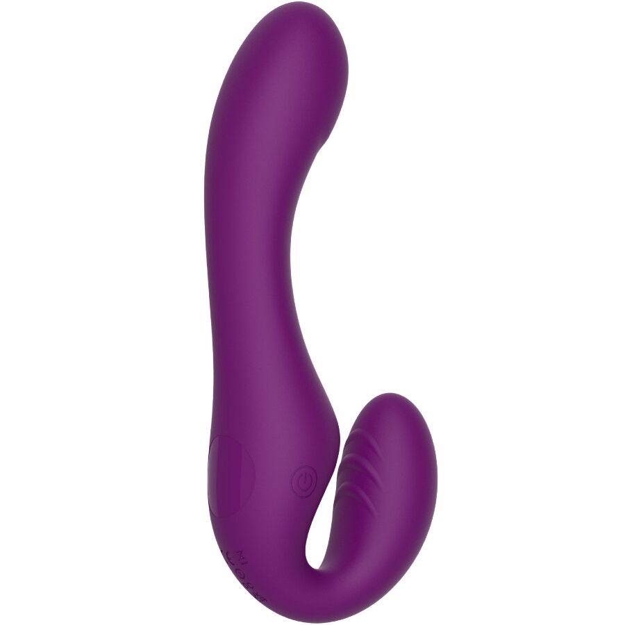 Vibrador Strap-On XOCOON 2 em 1 Sem Alças com Controle Remoto Roxo em diferentes ângulos e detalhes.