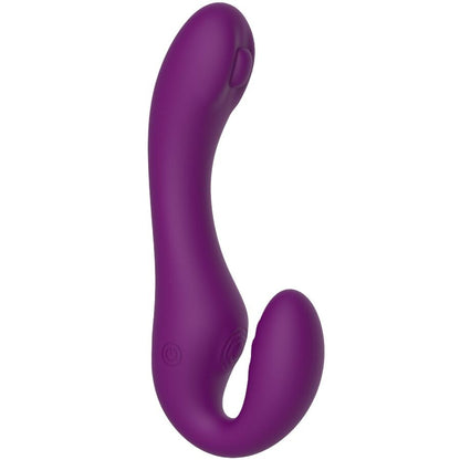 Vibrador Strap-On XOCOON 2 em 1 Sem Alças com Controle Remoto Roxo em diferentes ângulos e detalhes.