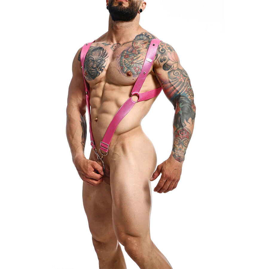Arnês Elástico DNGEON Pink com design de costas retas em microfibra e anéis de metal, para BDSM.