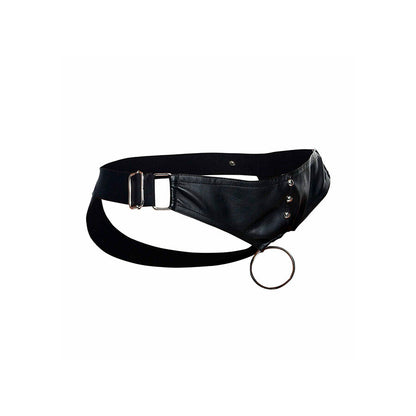 Close-up of the MOB Dengeon Jockstrap com Anel para o Pénis, showing its design and faux leather texture.