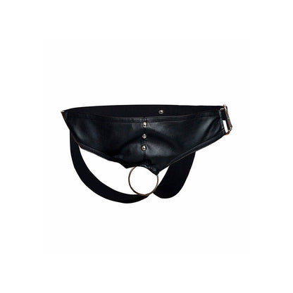 Close-up of the MOB Dengeon Jockstrap com Anel para o Pénis, showing its design and faux leather texture.