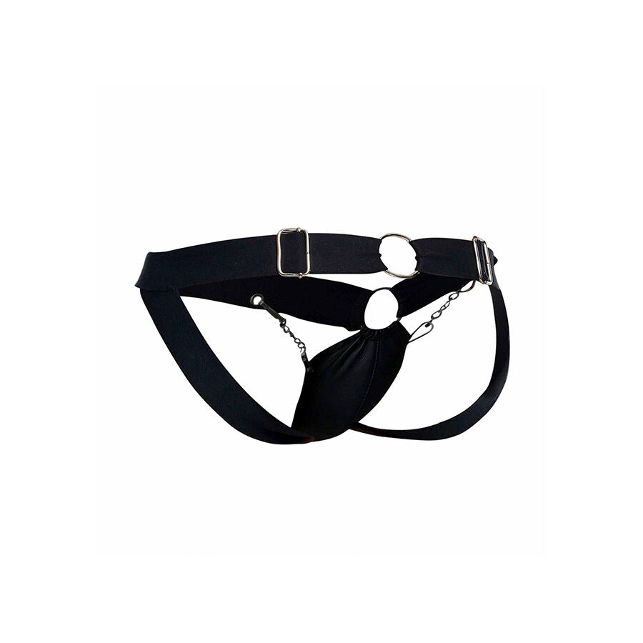 Jockstrap Chainlink MOB em couro sintético preto, mostrando detalhes da corrente e design.