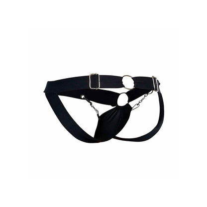Jockstrap Chainlink MOB em couro sintético preto, mostrando detalhes da corrente e design.
